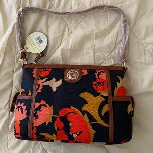 Spartina Handbag, Brown Leather & Beautiful Navy and Coral Floral Print, NWT